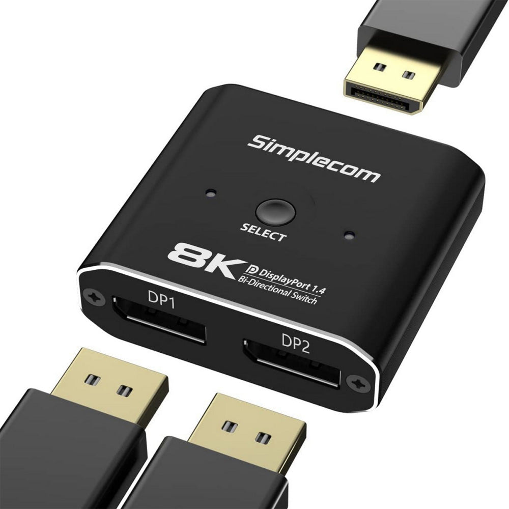 Simplecom CM202 Bi-Directional 2 Way DisplayPort Switch Selector DP 1.4 8K@30Hz HDR USB Powered Alloy