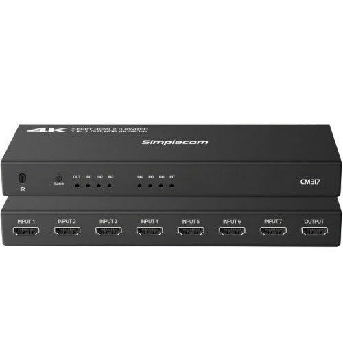 Simplecom 7-Port HDMI 2.0 Switch with Remote 7 IN 1 OUT Splitter HDCP 2.2 4K 60Hz Auto Switching USB Powered Plug and Play