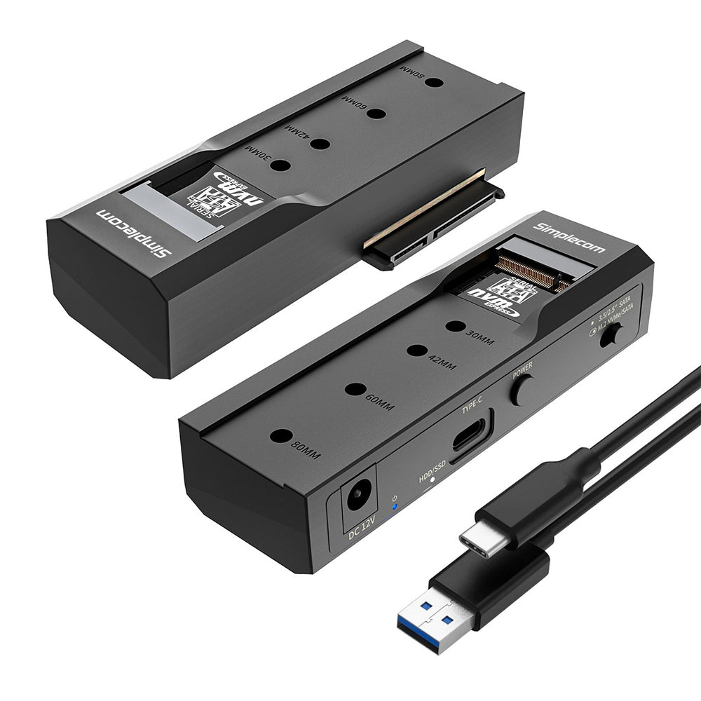 Simplecom SA536 USB to M.2 and SATA 2-in-1 Adapter for 2.5 3.5 HDD NVMe SATA M.2 SSD USB 3.2 Gen2 10Gbps Power Supply