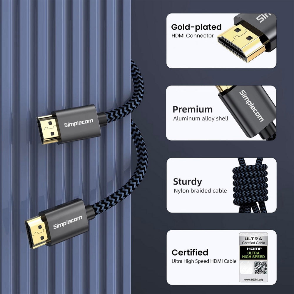 Simplecom 2M Ultra High Speed HDMI 2.1 Cable 48Gbps 8K 60Hz 4K 120Hz Nylon Braided Aluminium Alloy Gold Plated