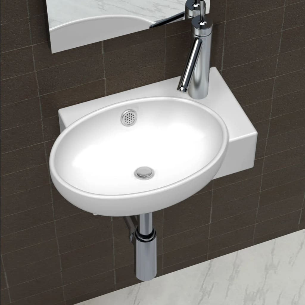 Ceramic Sink Basin Bathroom Faucet Overflow Hole Countertop Wall Mount White