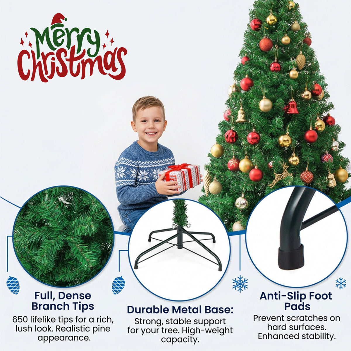 1.8m Unlit Artificial Christmas Tree Pine Xmas Tree Metal Stand 650 Tips Green