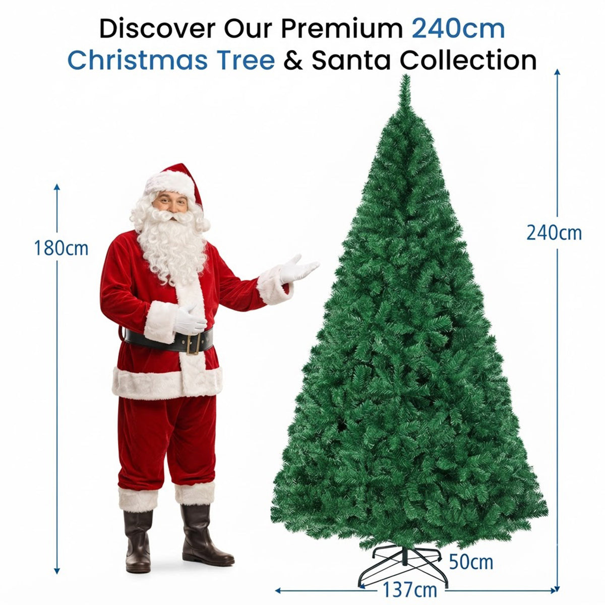 2.4m Unlit Artificial Christmas Tree Pine Xmas Tree Metal Stand 1138 Tips Green