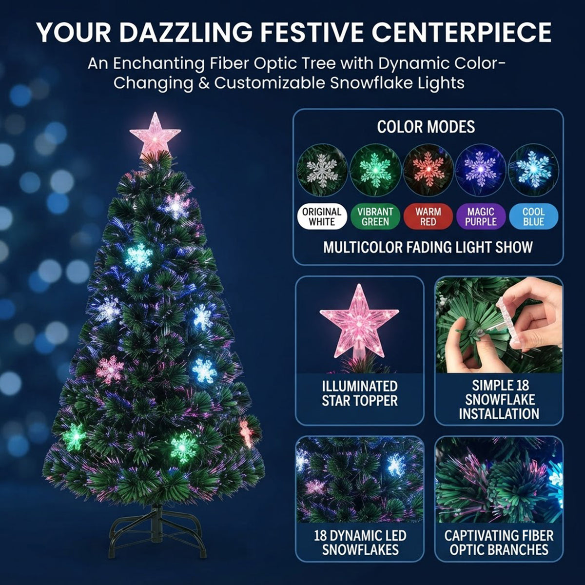 Pre-Lit Fibre Optic Christmas Tree 120cm 125 Tips 18 LED Indoor Xmas Decor