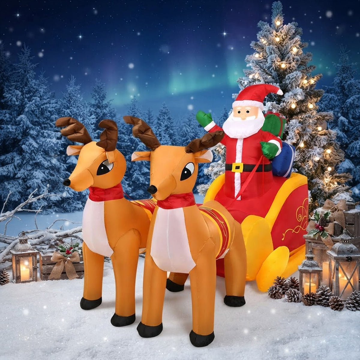 Inflatable Santa on Sleigh with Reindeer 2.3m Christmas Decor LED Indoor Outdoor