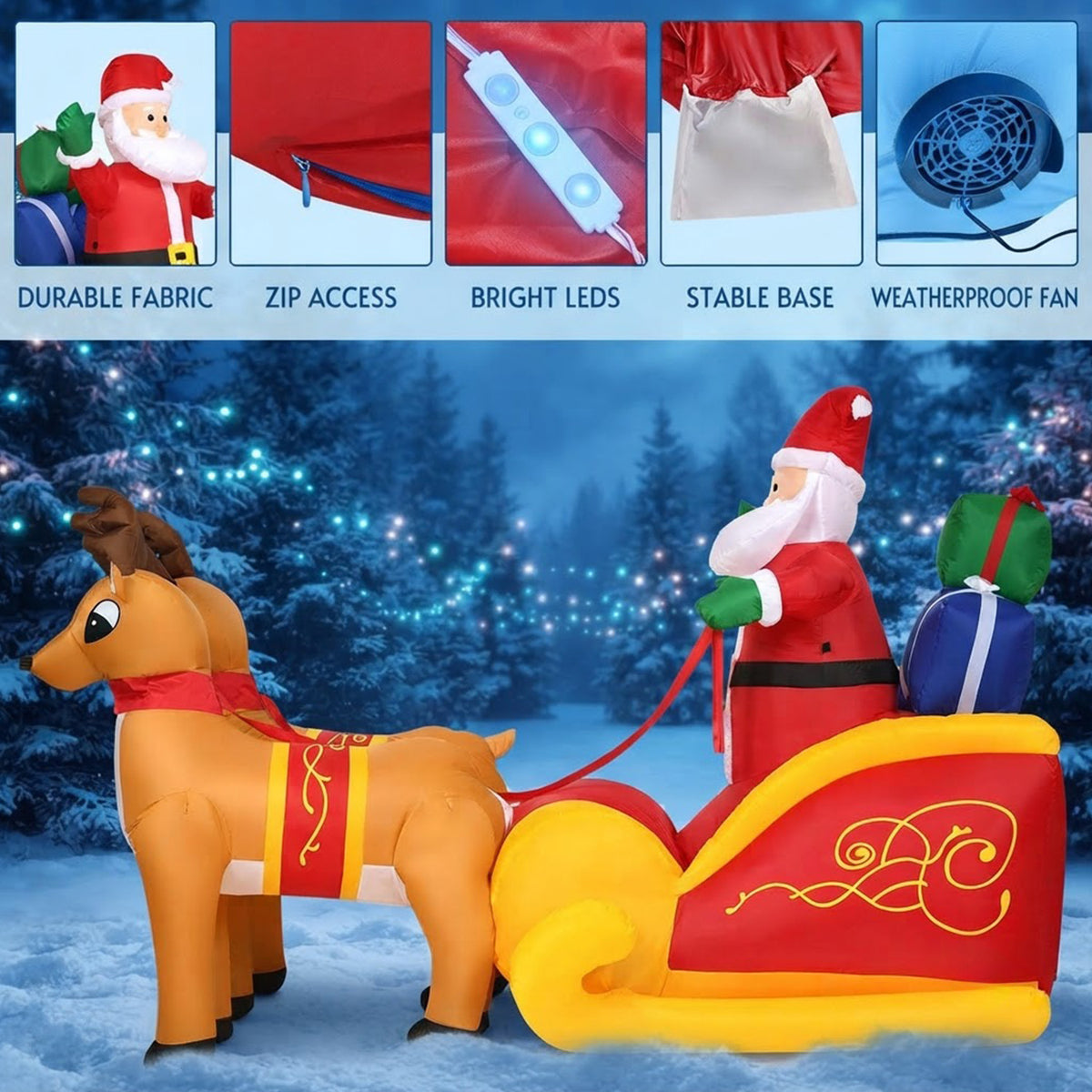 Inflatable Santa on Sleigh with Reindeer 2.3m Christmas Decor LED Indoor Outdoor