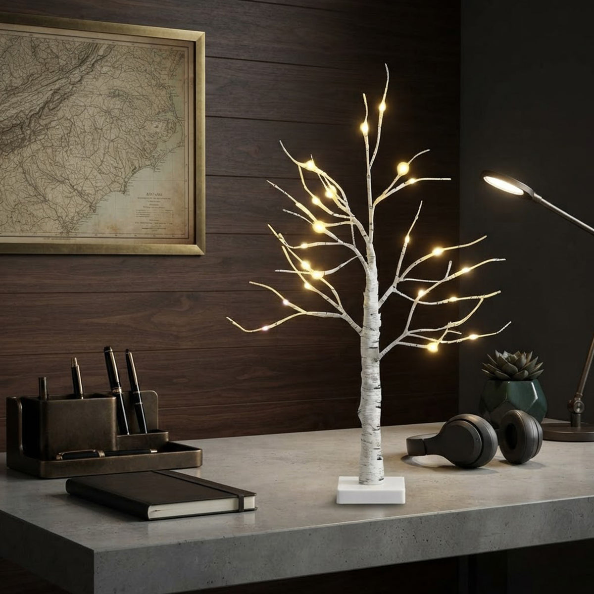 2 Pack Lighted Tabletop Twig Birch Tree 60cm 24 Warm White LED Battery Powered