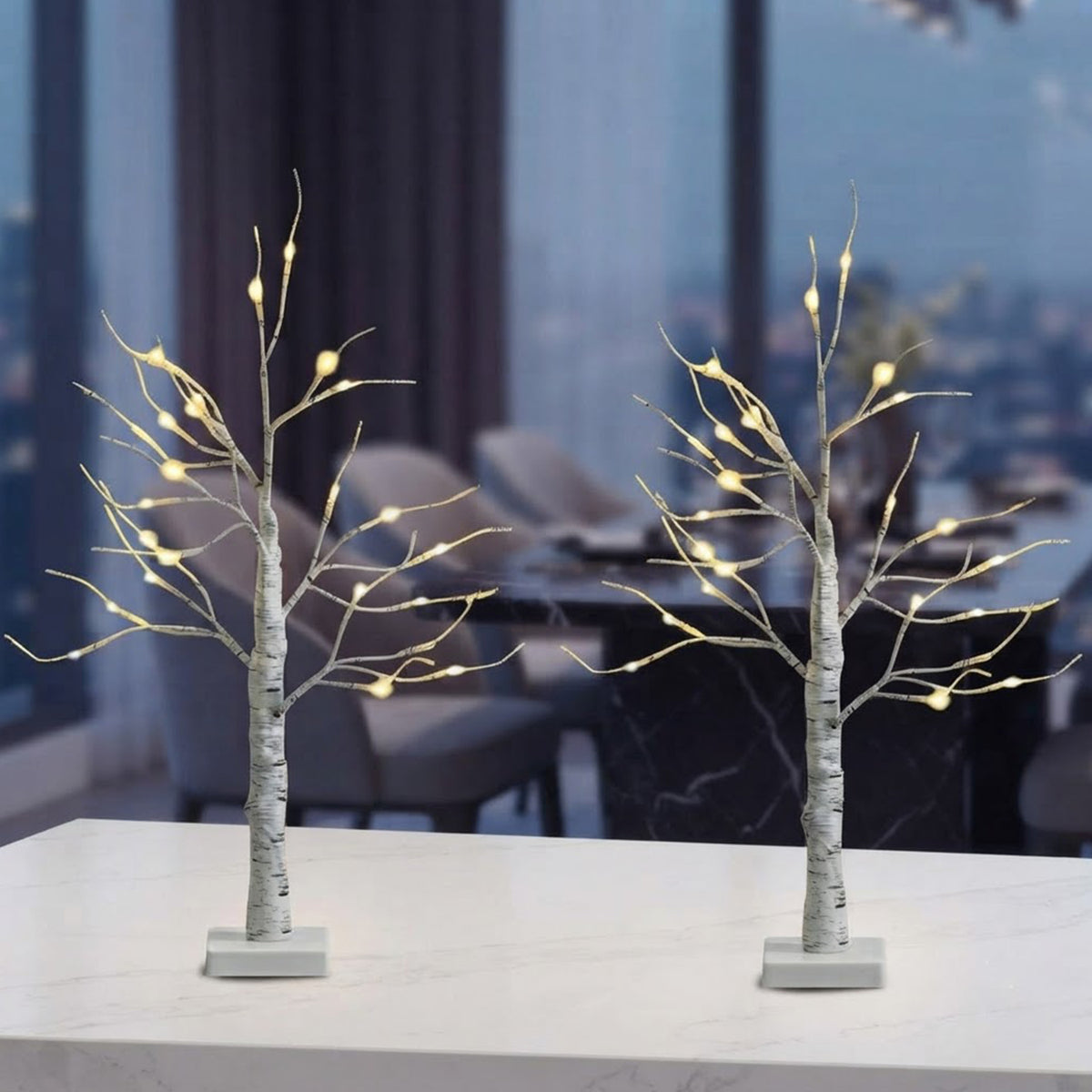 2 Pack Lighted Tabletop Twig Birch Tree 60cm 24 Warm White LED Battery Powered