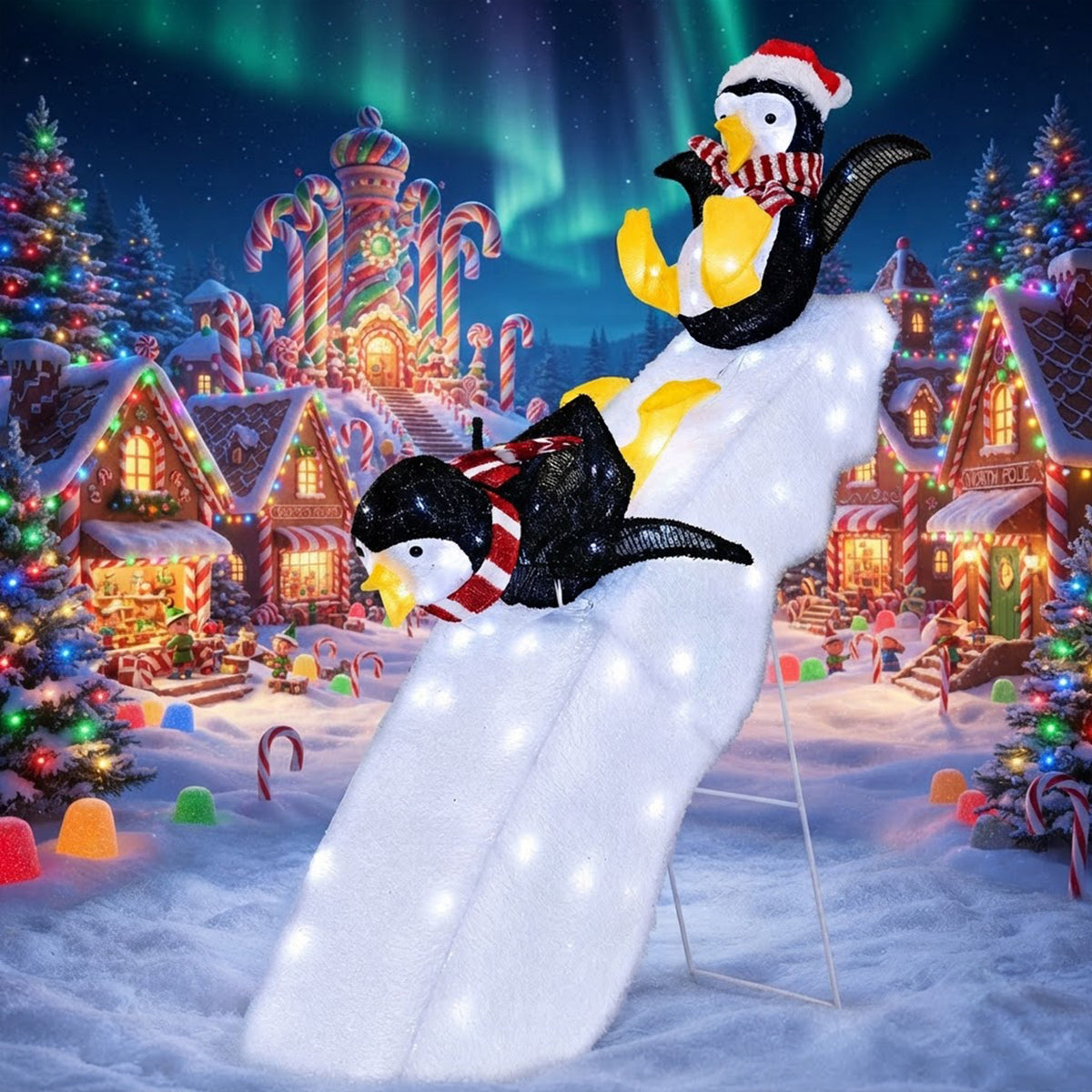Pre-Lit Christmas Penguin Ice Skating Slide Decor 120cm 130 Cool White LED Yard