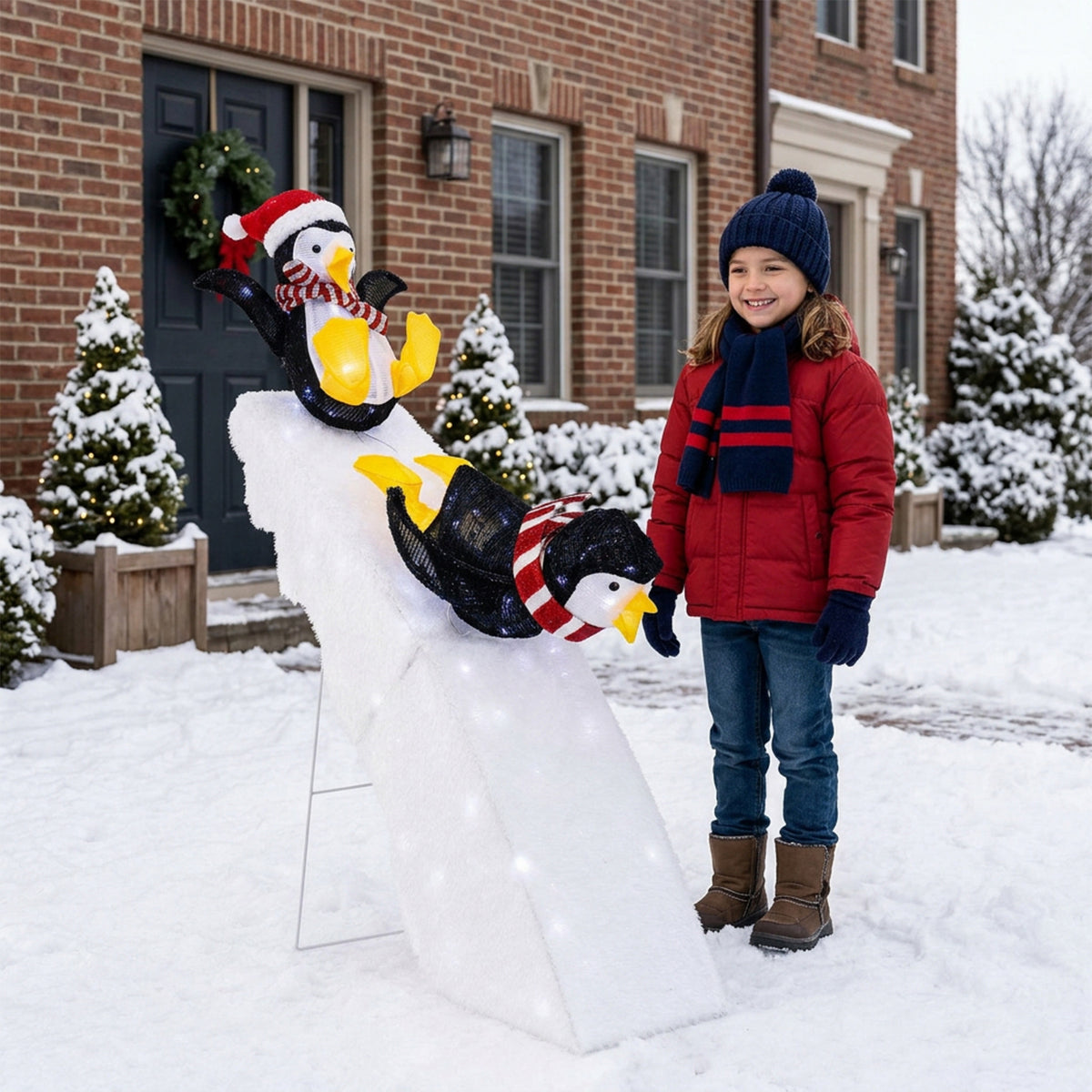 Pre-Lit Christmas Penguin Ice Skating Slide Decor 120cm 130 Cool White LED Yard