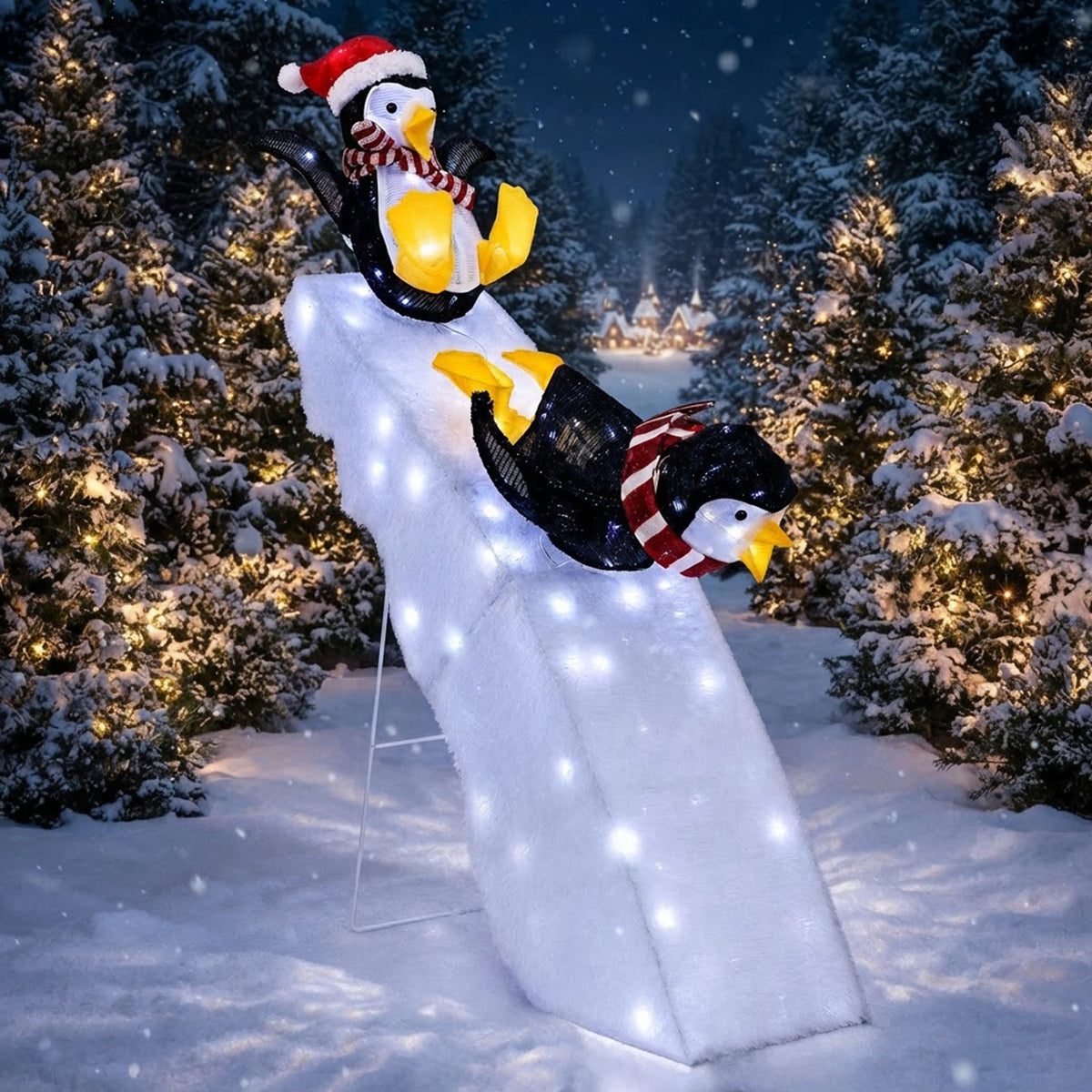 Pre-Lit Christmas Penguin Ice Skating Slide Decor 120cm 130 Cool White LED Yard