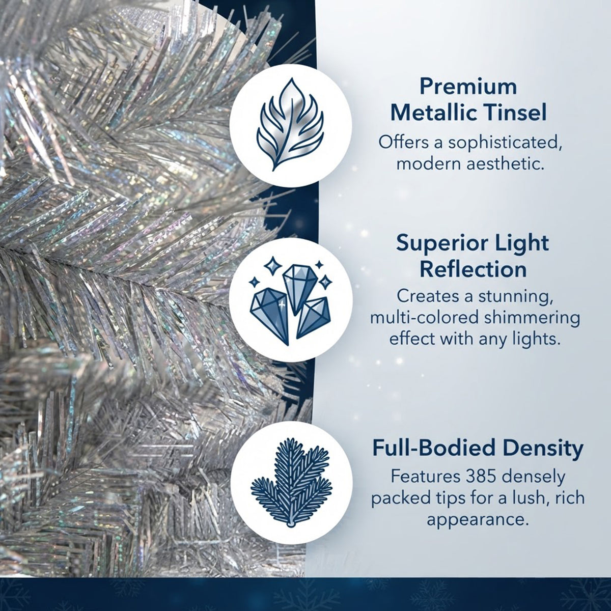 Pre-Lit Hinged Christmas Tree 150cm 385 Tips 170 Warm White LED Silver Tinsel