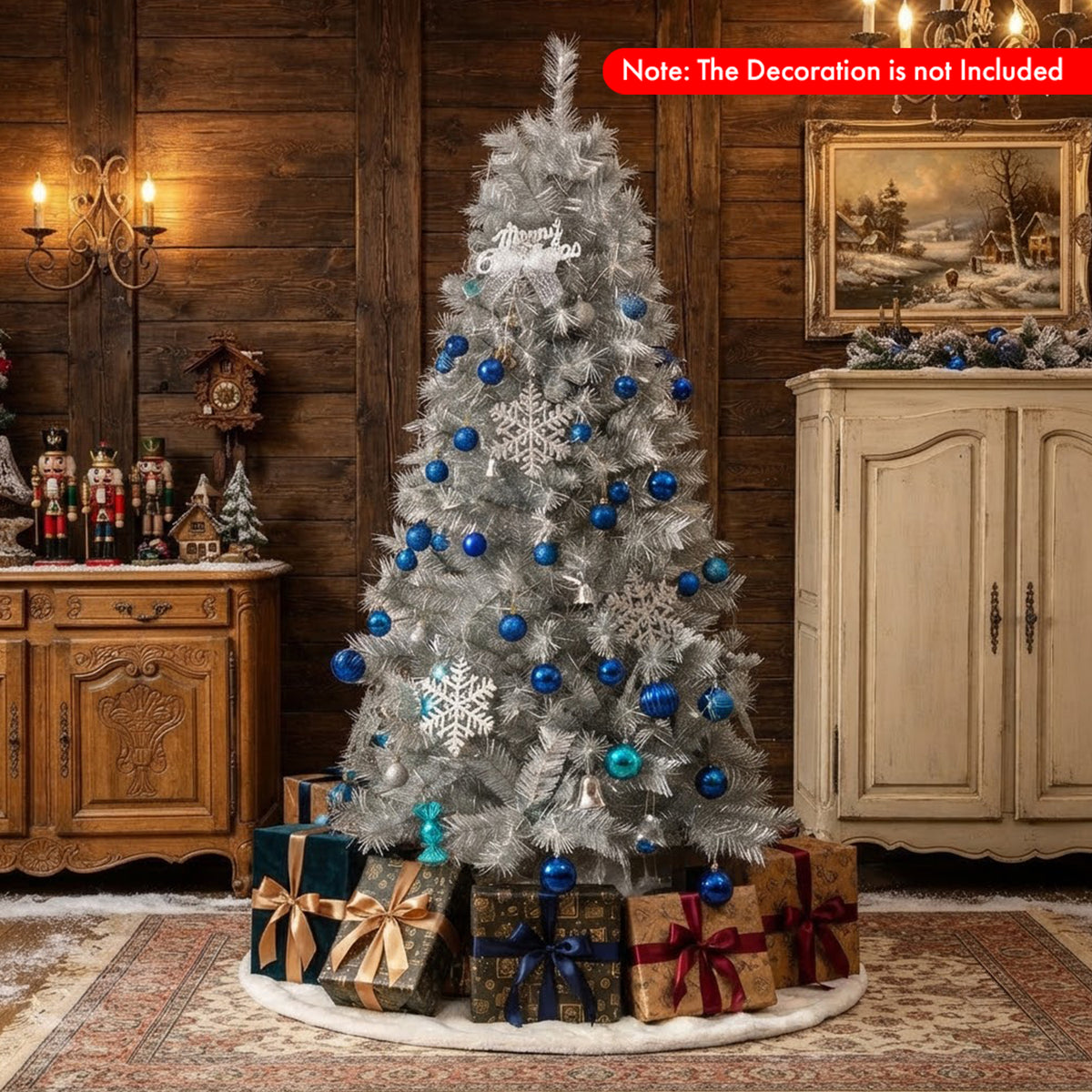 Pre-Lit Hinged Christmas Tree 150cm 385 Tips 170 Warm White LED Silver Tinsel