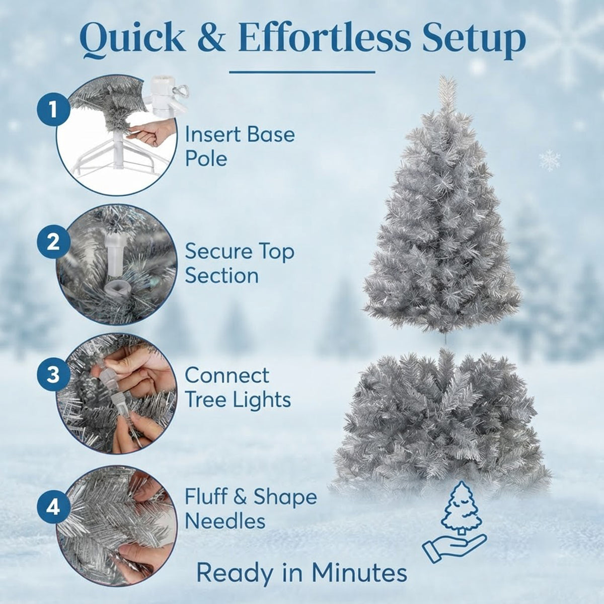 Pre-Lit Hinged Christmas Tree 150cm 385 Tips 170 Warm White LED Silver Tinsel