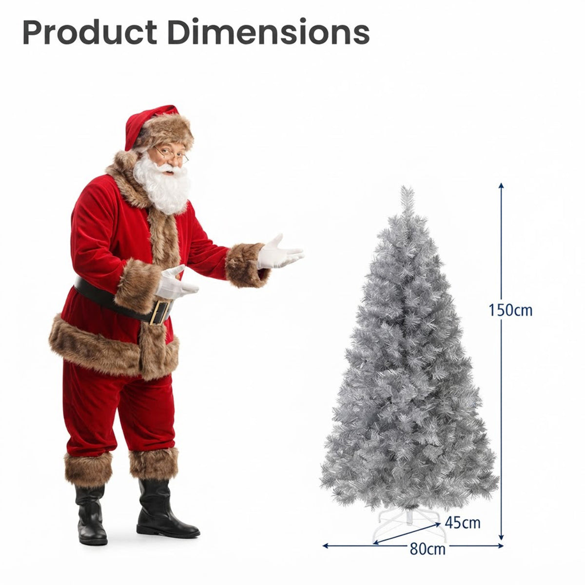 Pre-Lit Hinged Christmas Tree 150cm 385 Tips 170 Warm White LED Silver Tinsel