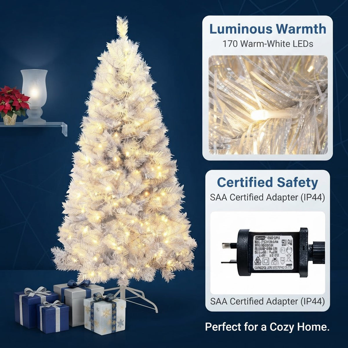 Pre-Lit Hinged Christmas Tree 150cm 385 Tips 170 Warm White LED Silver Tinsel