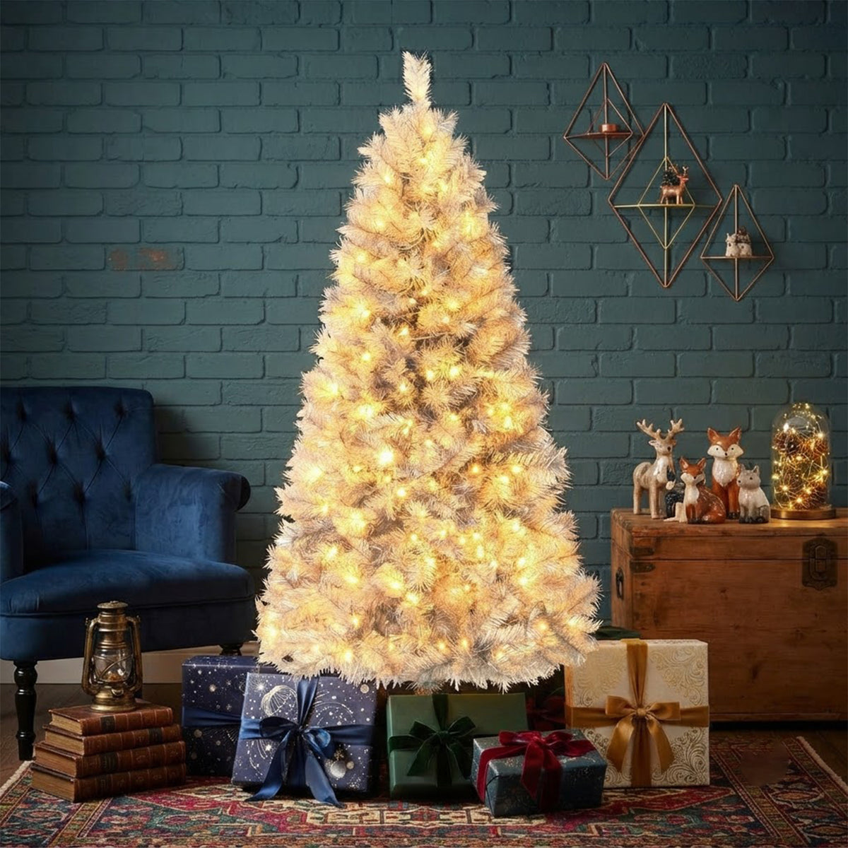 Pre-Lit Hinged Christmas Tree 150cm 385 Tips 170 Warm White LED Silver Tinsel