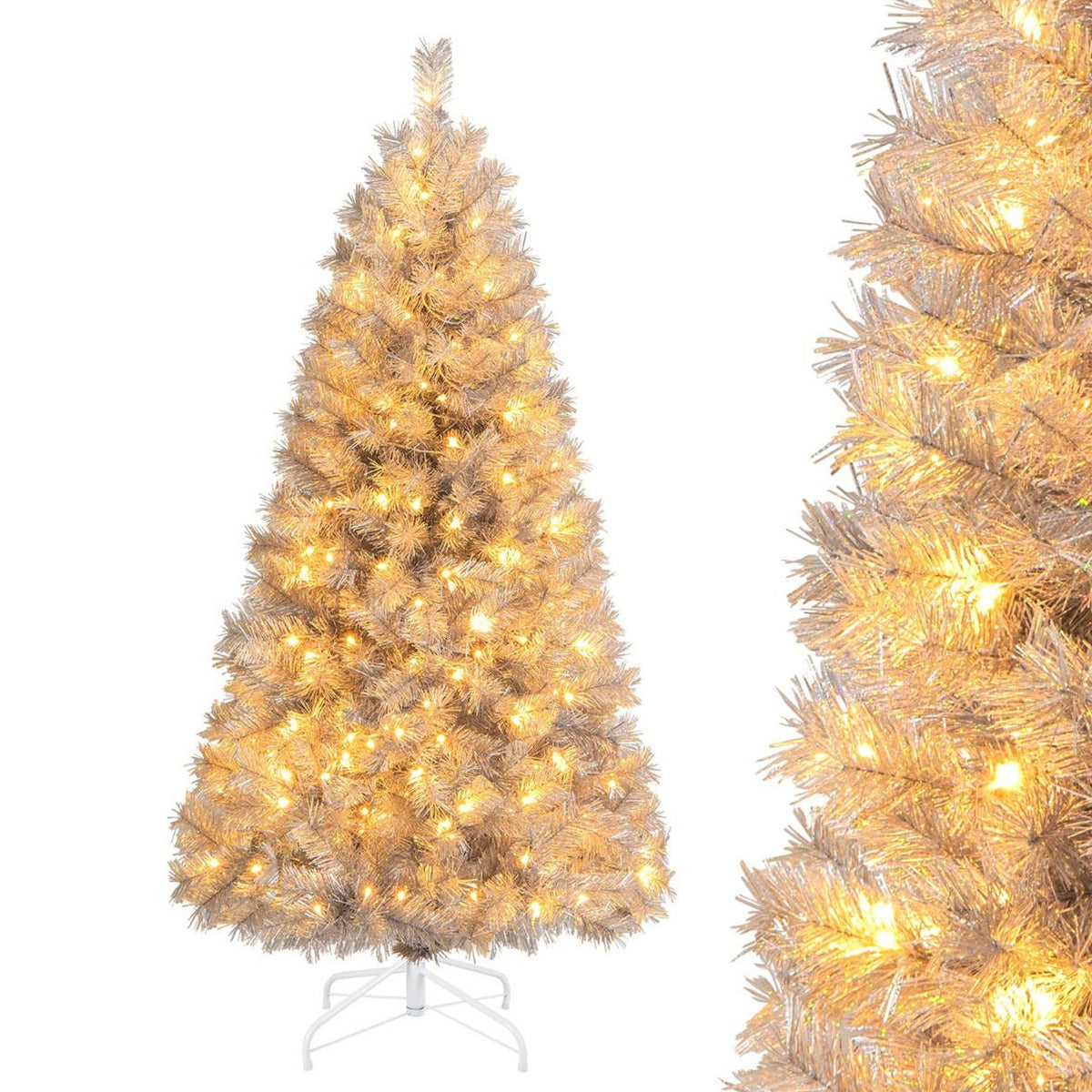 Pre-Lit Hinged Christmas Tree 150cm 385 Tips 170 Warm White LED Silver Tinsel
