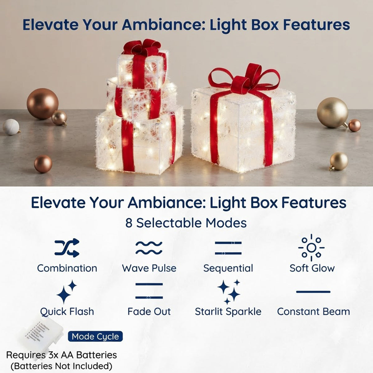 Set of 4 Pre-Lit Christmas Gift Boxes Red Bows 8 Mode LED Stackable Outdoor