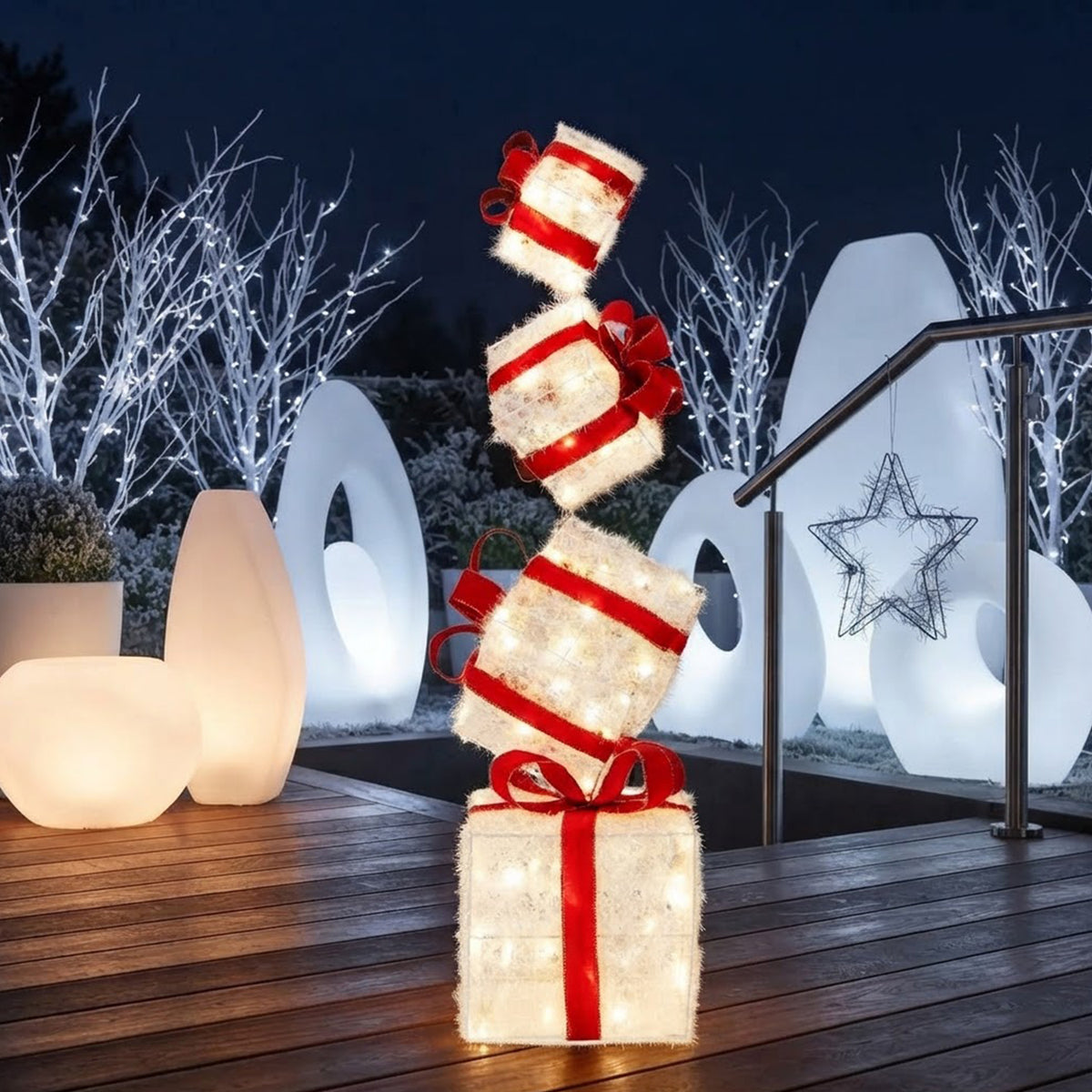 Set of 4 Pre-Lit Christmas Gift Boxes Red Bows 8 Mode LED Stackable Outdoor