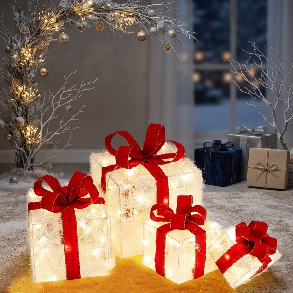Set of 4 Pre-Lit Christmas Gift Boxes Red Bows 8 Mode LED Stackable Outdoor