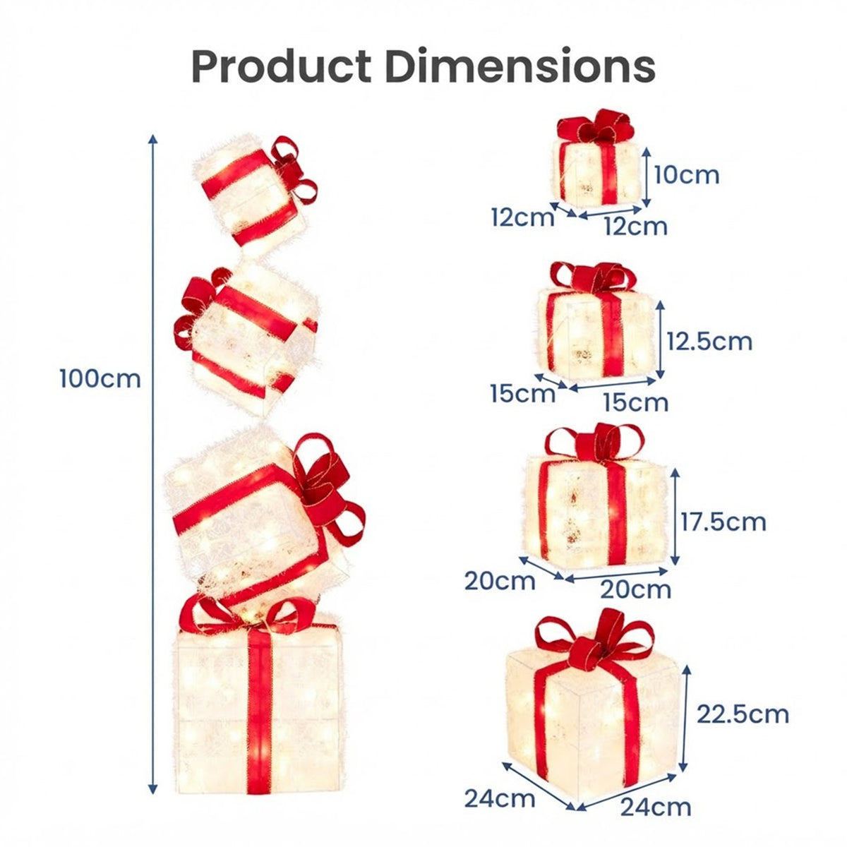 Set of 4 Pre-Lit Christmas Gift Boxes Red Bows 8 Mode LED Stackable Outdoor