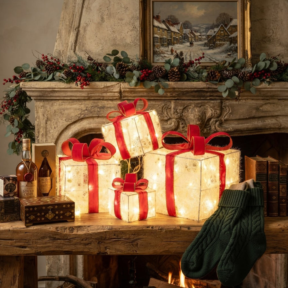 Set of 4 Pre-Lit Christmas Gift Boxes Red Bows 8 Mode LED Stackable Outdoor