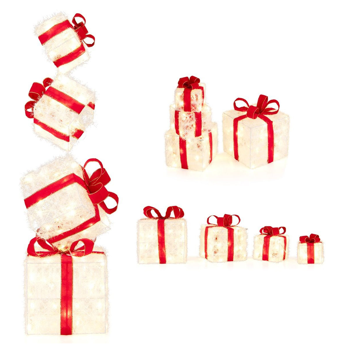 Set of 4 Pre-Lit Christmas Gift Boxes Red Bows 8 Mode LED Stackable Outdoor