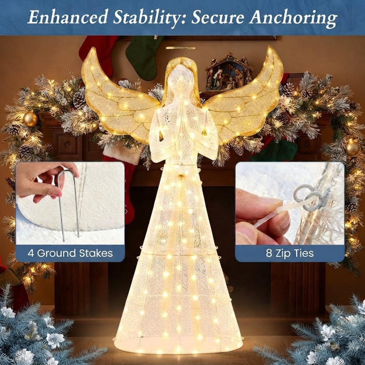 Pre-Lit Christmas Angel 155cm 150 LED Lights Halo Wings Indoor Outdoor Decor