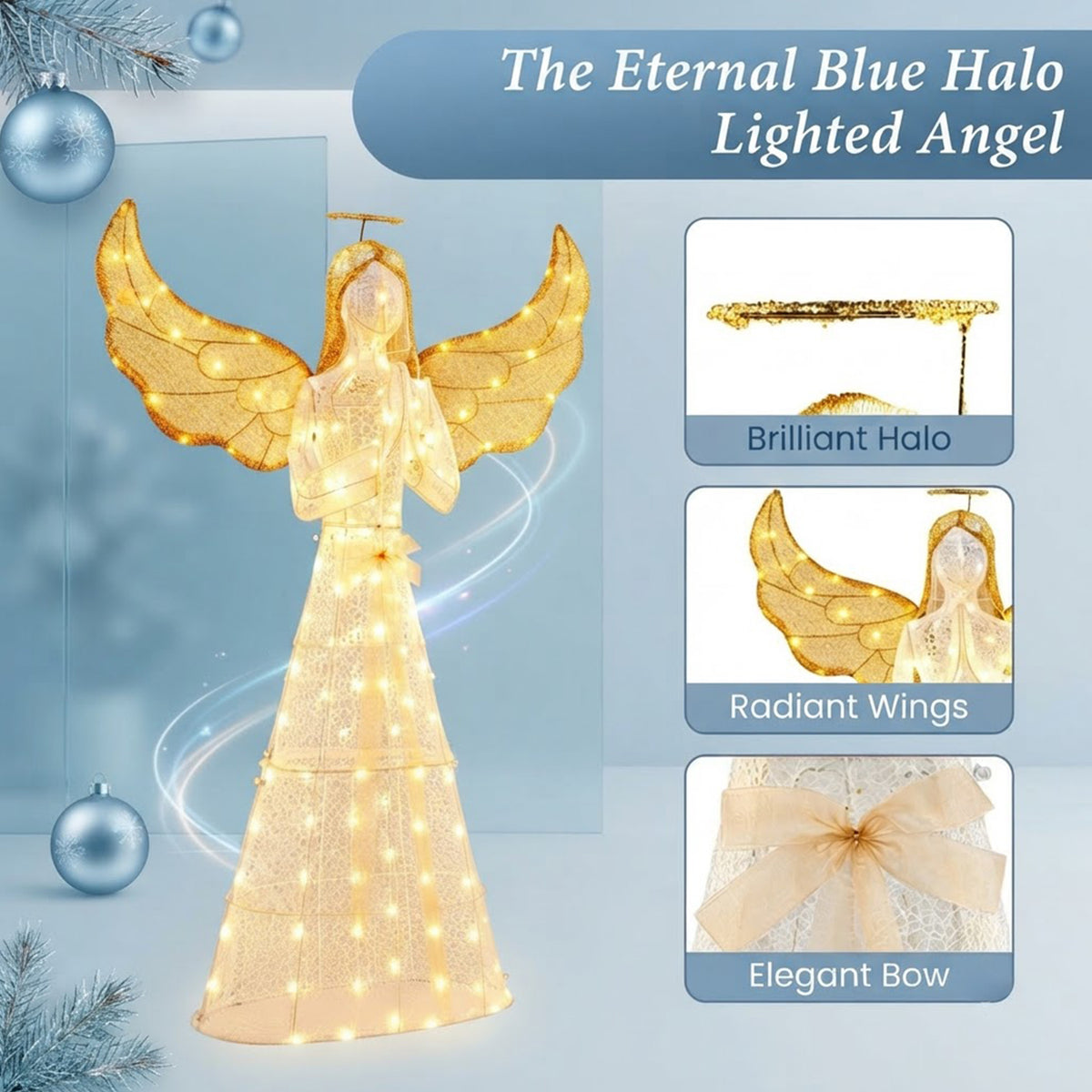 Pre-Lit Christmas Angel 155cm 150 LED Lights Halo Wings Indoor Outdoor Decor
