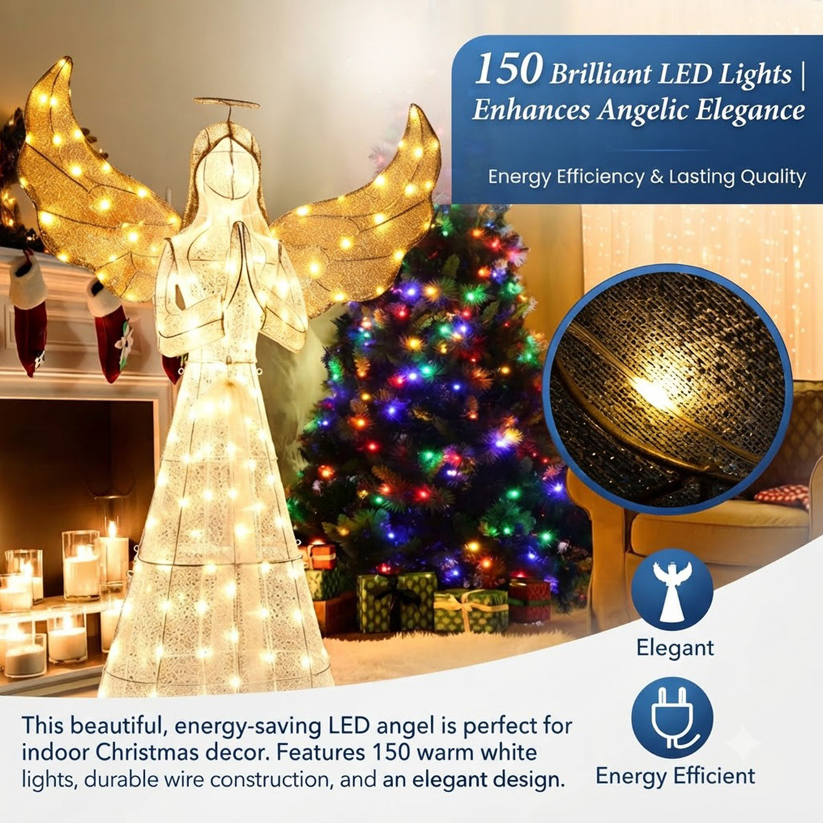 Pre-Lit Christmas Angel 155cm 150 LED Lights Halo Wings Indoor Outdoor Decor