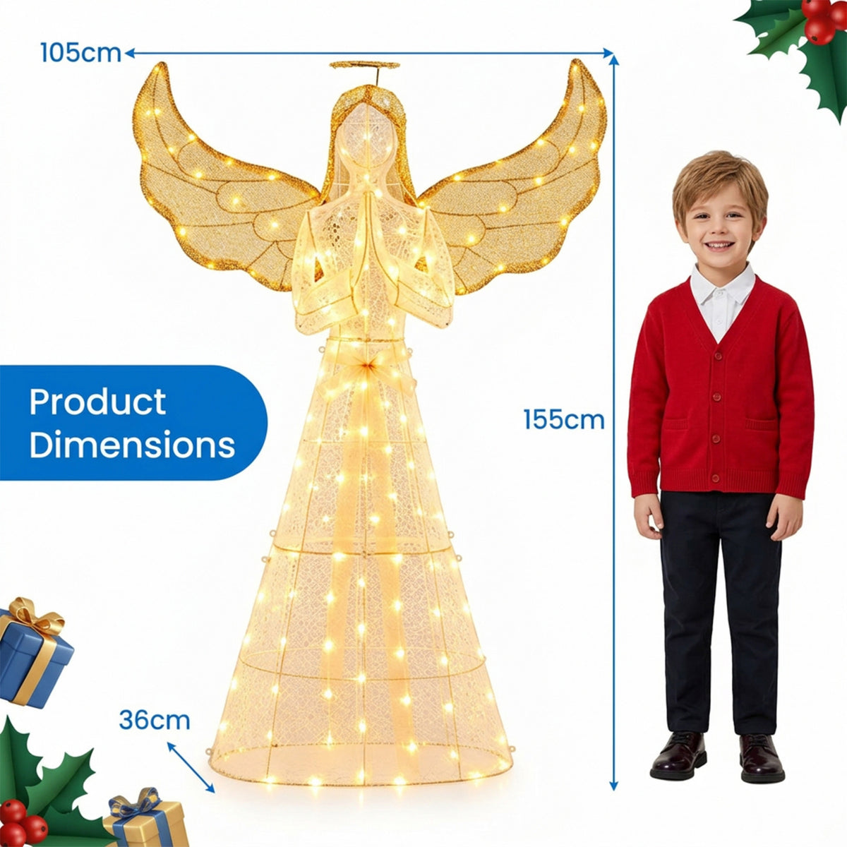 Pre-Lit Christmas Angel 155cm 150 LED Lights Halo Wings Indoor Outdoor Decor