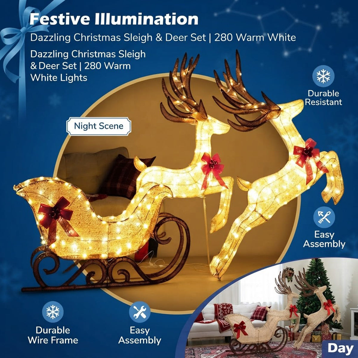 Set of 3 Pre-Lit Christmas Reindeer and Sleigh 280 Warm White LED Lawn Decor