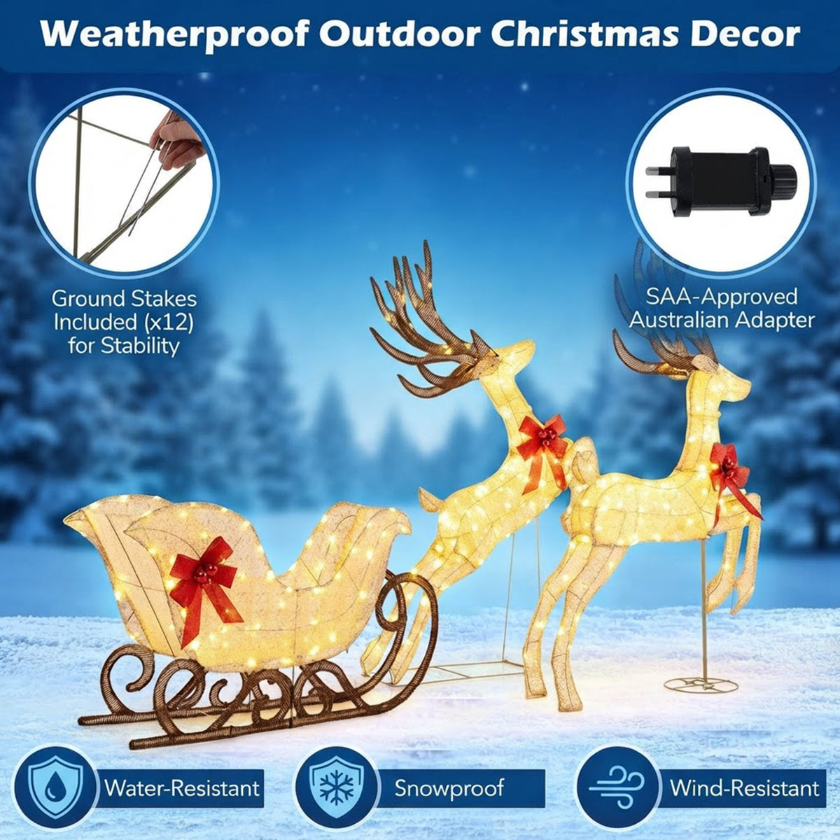 Set of 3 Pre-Lit Christmas Reindeer and Sleigh 280 Warm White LED Lawn Decor