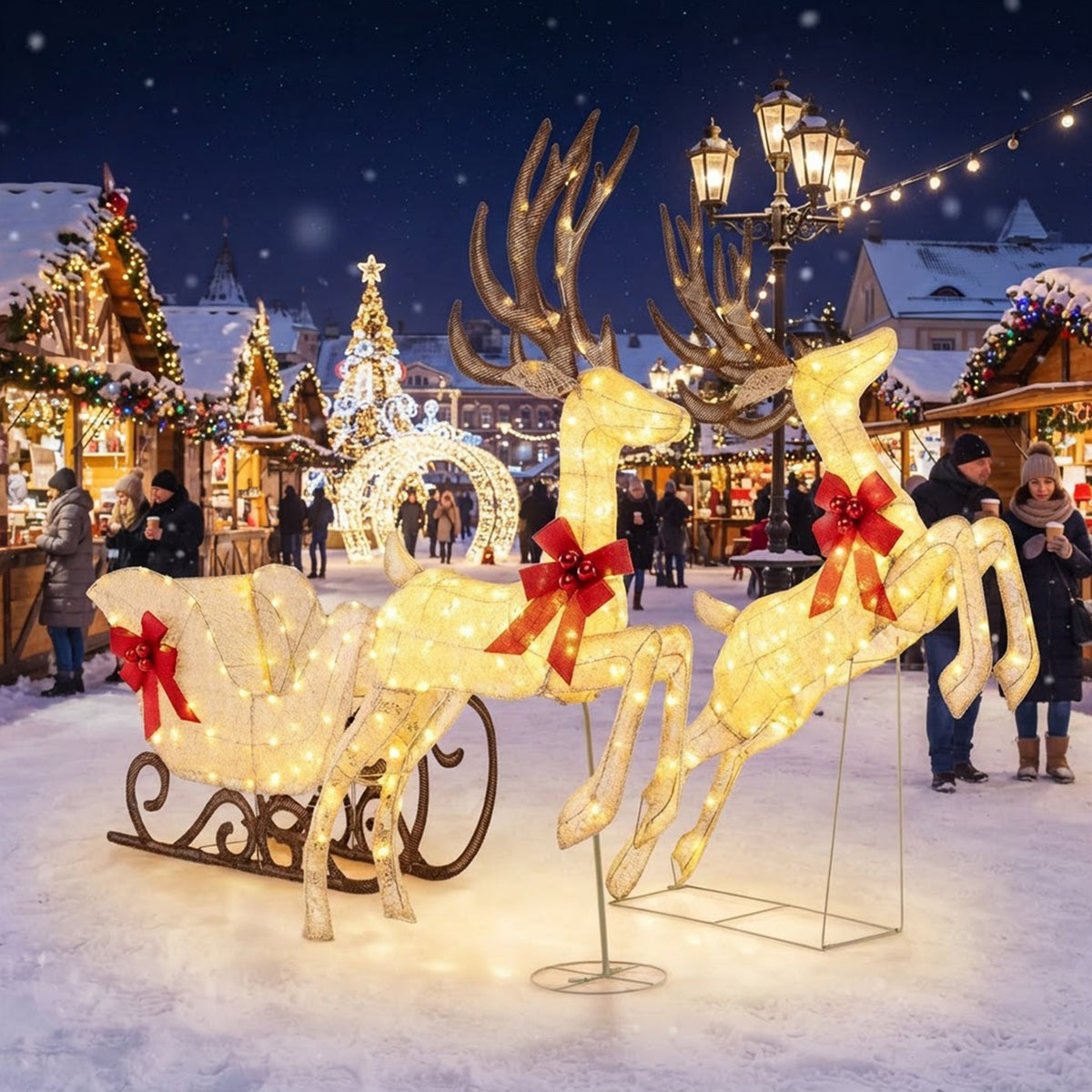 Set of 3 Pre-Lit Christmas Reindeer and Sleigh 280 Warm White LED Lawn Decor