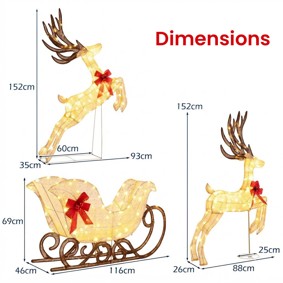 Set of 3 Pre-Lit Christmas Reindeer and Sleigh 280 Warm White LED Lawn Decor