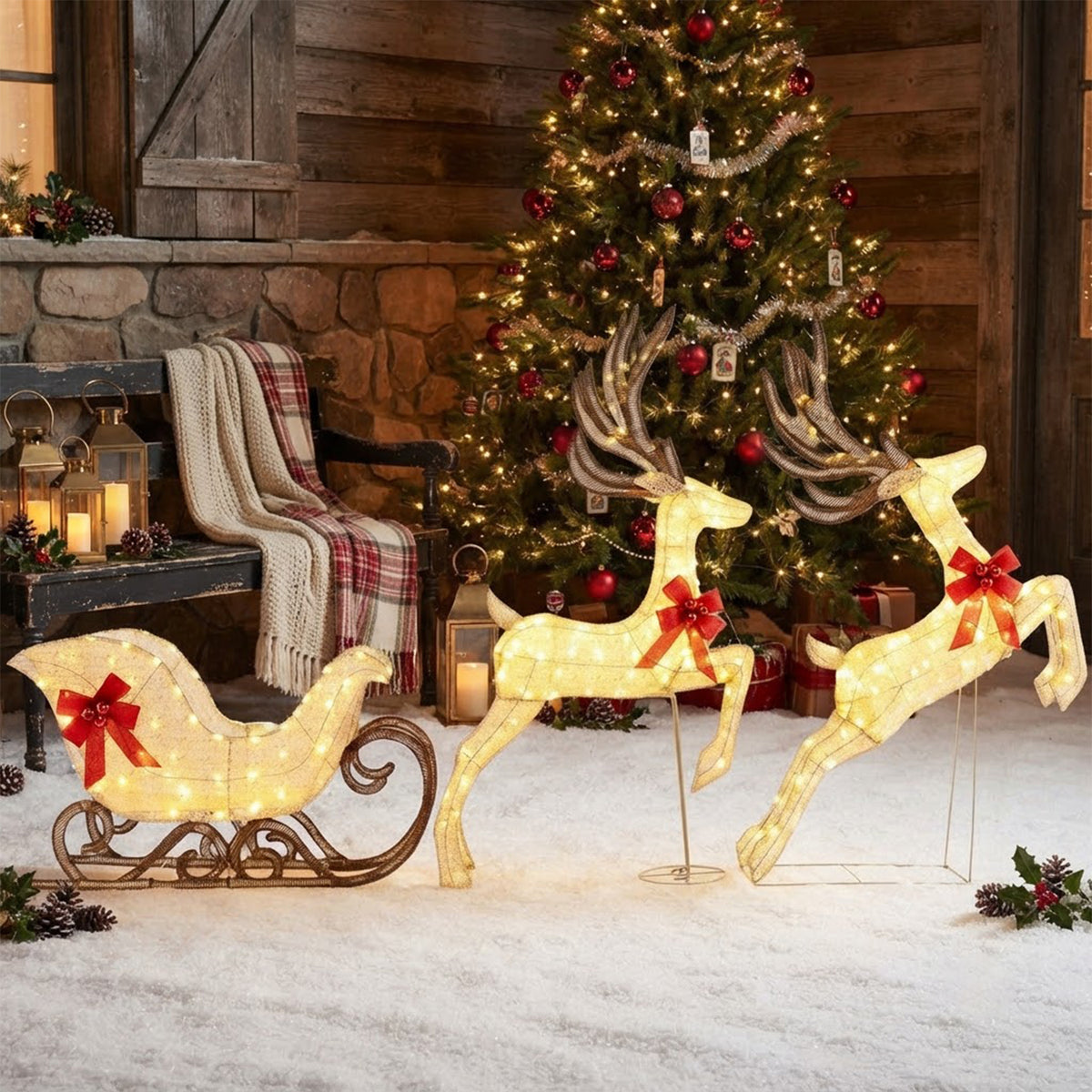 Set of 3 Pre-Lit Christmas Reindeer and Sleigh 280 Warm White LED Lawn Decor