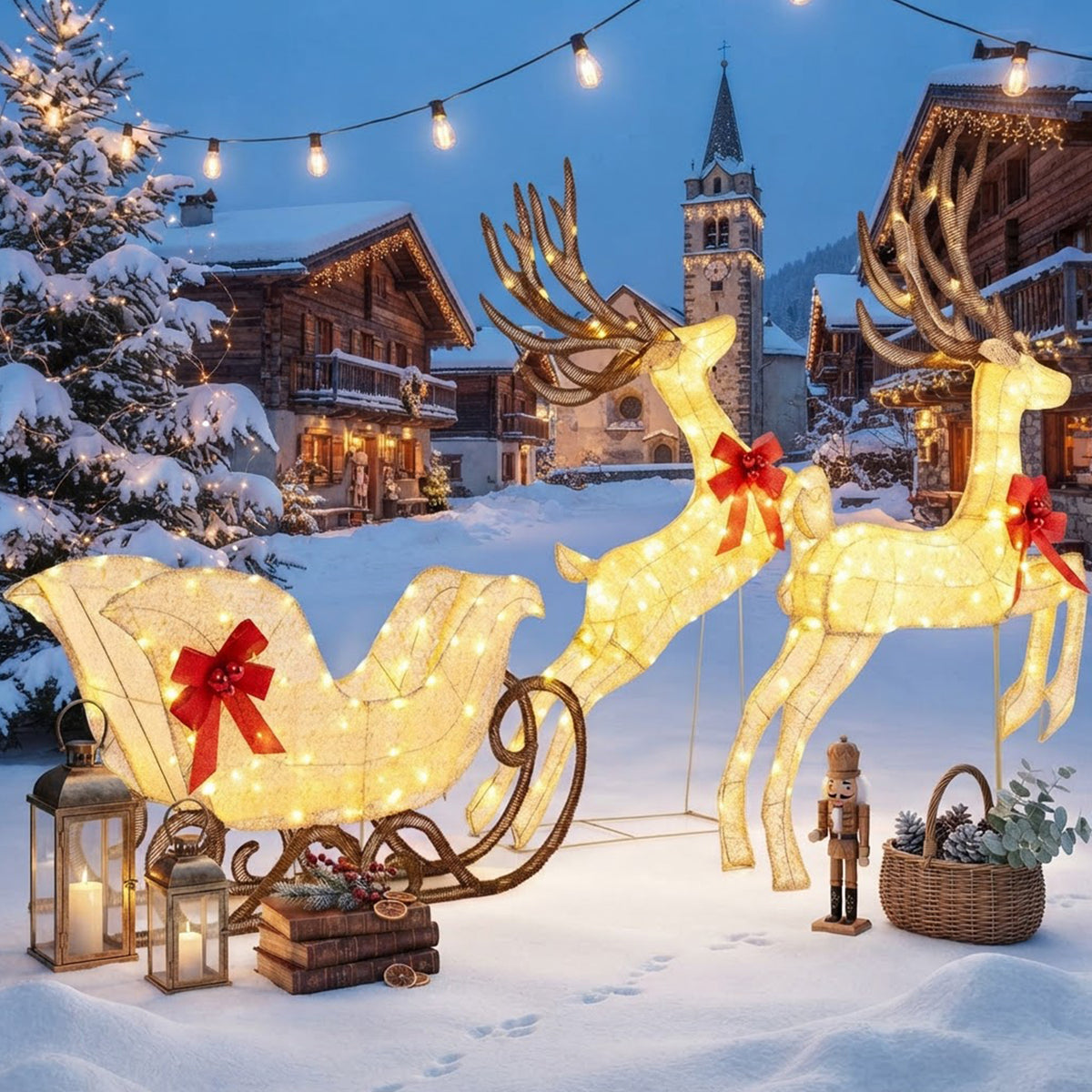 Set of 3 Pre-Lit Christmas Reindeer and Sleigh 280 Warm White LED Lawn Decor