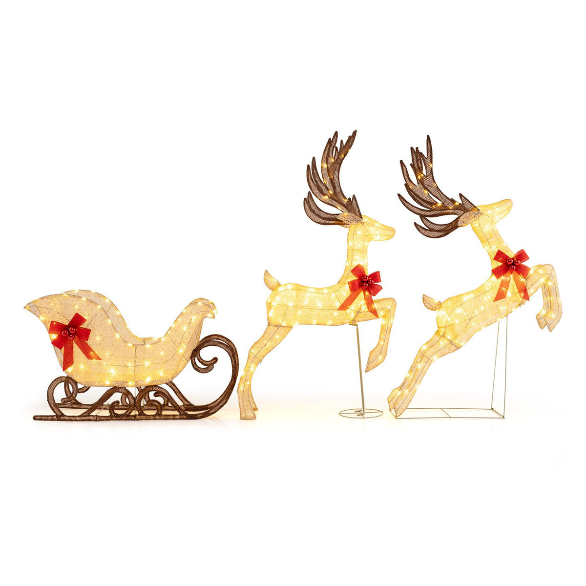 Set of 3 Pre-Lit Christmas Reindeer and Sleigh 280 Warm White LED Lawn Decor