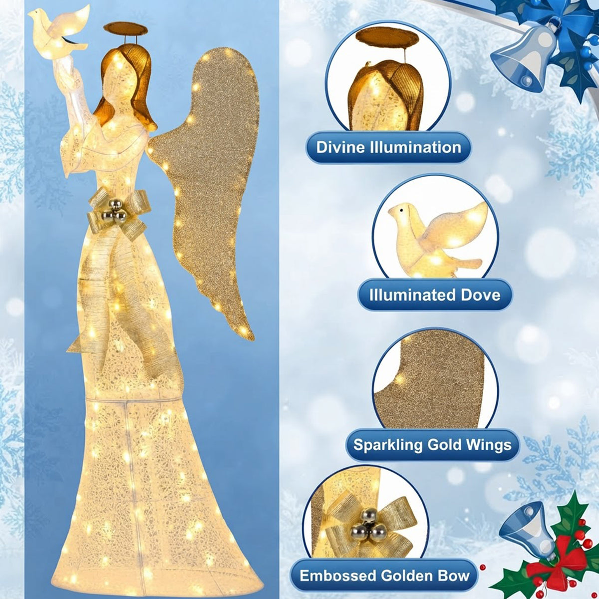 Pre-Lit 3D Angel Christmas Decoration 165cm 150 LED Lights Pigeon Indoor Outdoor