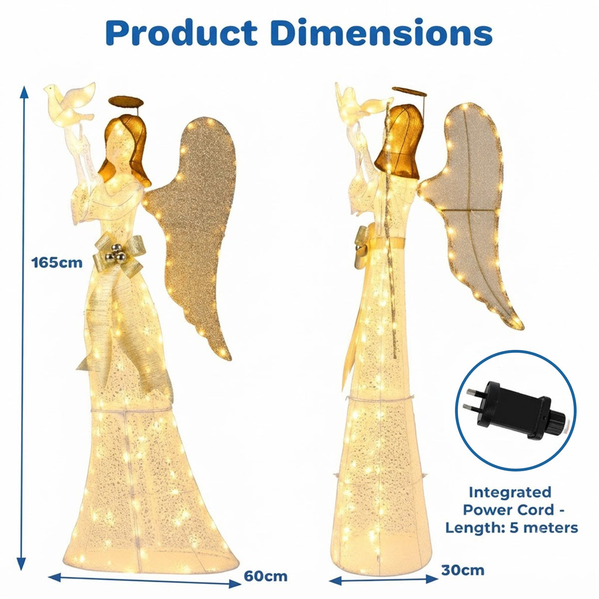 Pre-Lit 3D Angel Christmas Decoration 165cm 150 LED Lights Pigeon Indoor Outdoor