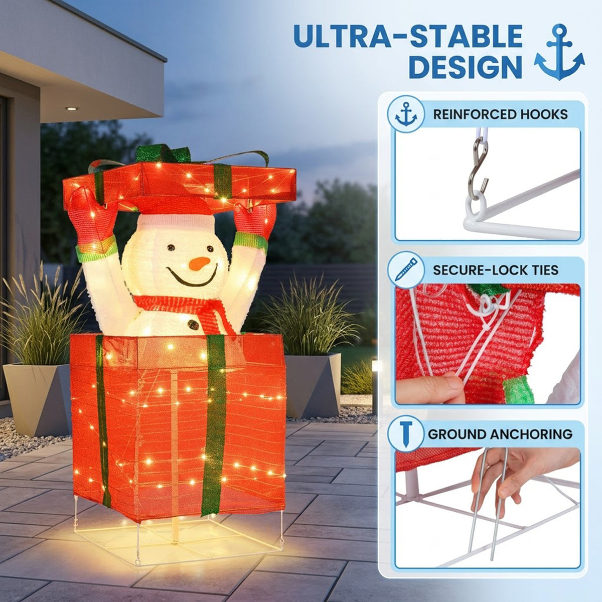 Pre-Lit Christmas Snowman in Gift Box 100 Warm LED Lights Indoor Outdoor Decor
