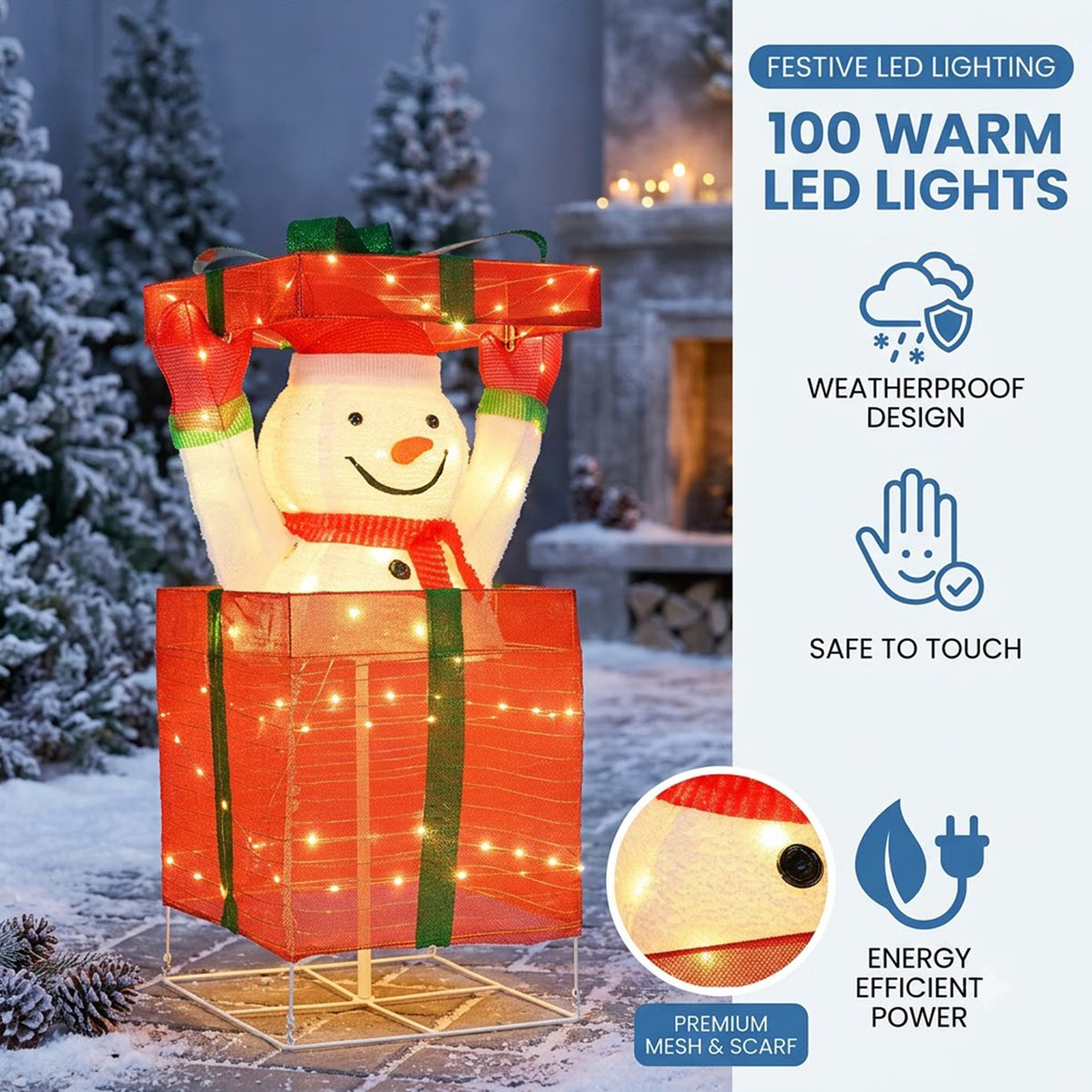 Pre-Lit Christmas Snowman in Gift Box 100 Warm LED Lights Indoor Outdoor Decor