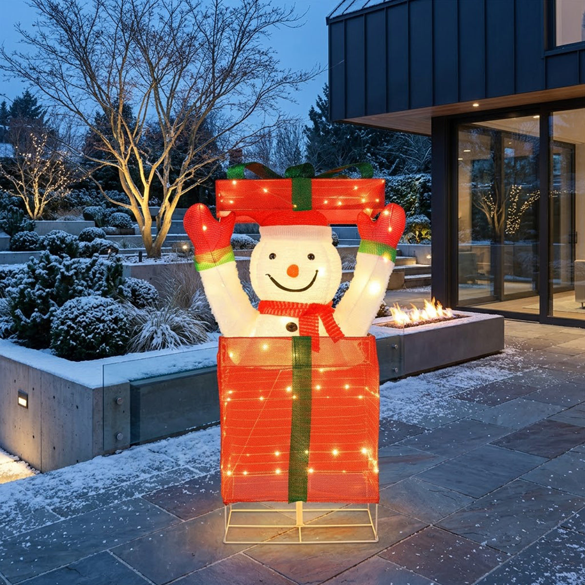 Pre-Lit Christmas Snowman in Gift Box 100 Warm LED Lights Indoor Outdoor Decor