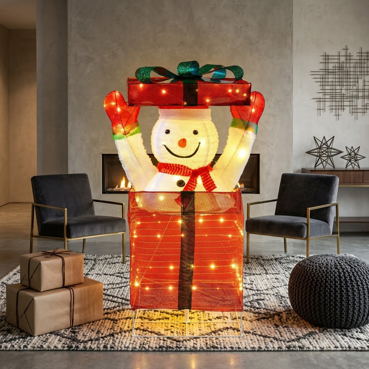 Pre-Lit Christmas Snowman in Gift Box 100 Warm LED Lights Indoor Outdoor Decor