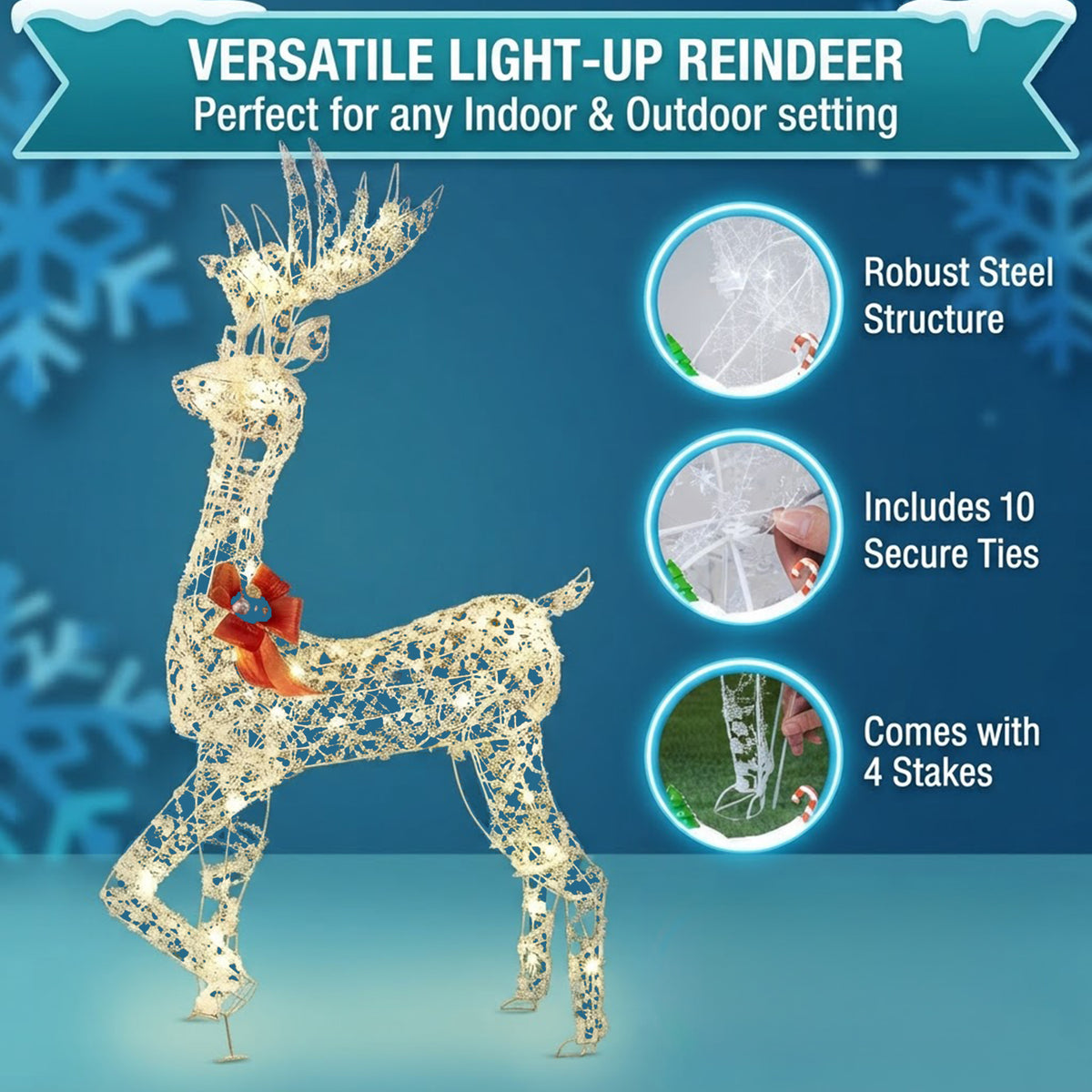 Pre-Lit 3D Christmas Reindeer 150cm 100 Warm White LED Lights Indoor Outdoor