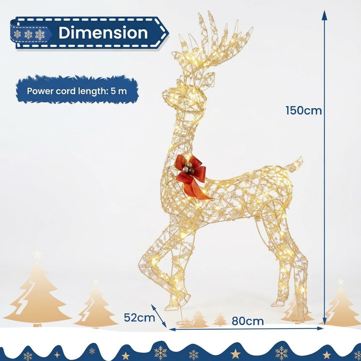 Pre-Lit 3D Christmas Reindeer 150cm 100 Warm White LED Lights Indoor Outdoor