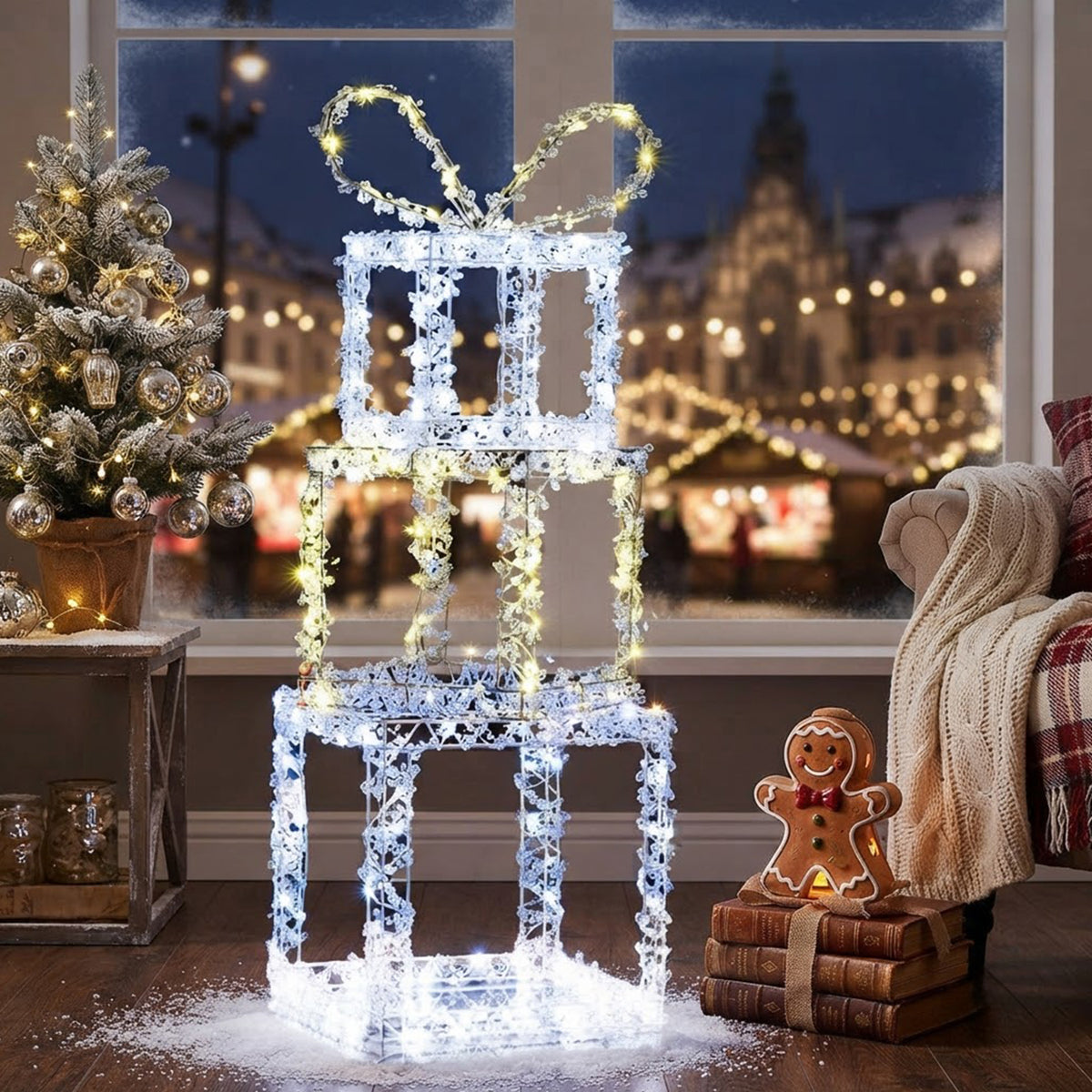 Pre-Lit Stacked Christmas Gift Boxes Warm White Cold White LED Outdoor Decor