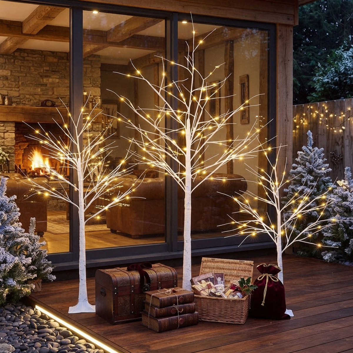 Pre-Lit Birch Christmas Tree Set of 3 1.3/1.6/1.9M 216 Warm White LED Lights