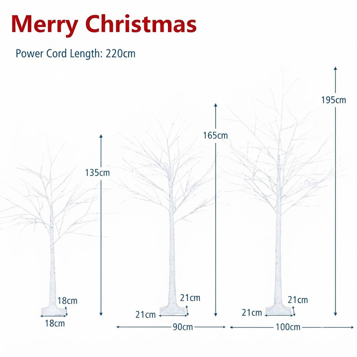 Pre-Lit Birch Christmas Tree Set of 3 1.3/1.6/1.9M 216 Warm White LED Lights